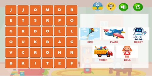 Imagem do jogo: Caça palavras com imagens de brinquedos. Inglês. 