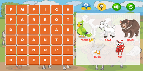 Imagem do jogo: Caça palavras com imagens de animais - Inglês 