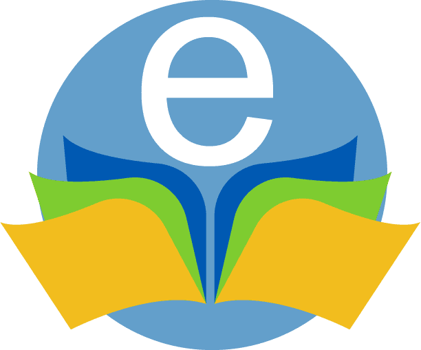 The image is the website logo. Explaining the appearance of our Logo. It is a book opened horizontally, a blue ball vertically with the letter is white in the center. Next to the book is written the word pedagogy, which associated with the E of the book, informs the name of our social network and pedagogy.