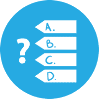 Imagen circular que muestra el símbolo de una pregunta y cuatro posibles alternativas para la respuesta.