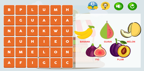 Caça palavras com imagens - Frutas em Inglês.  Encontre a sequência das letras de forma divertida.