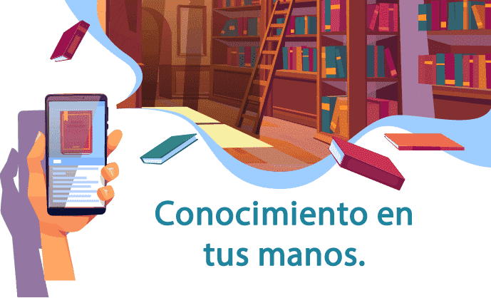
La imagen muestra una mano que sostiene el tel�fono celular que muestra la pantalla de un sitio web con un libro, en la parte inferior de la imagen se puede ver una biblioteca llena de libros y una escalera para subir a los estantes llenos de gente. Destac� el texto: Conocimiento en tus manos.